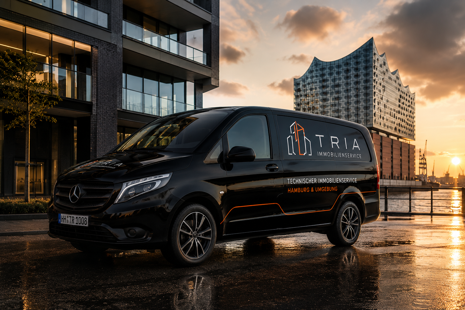 Schwarzer TRIA Immobilienservice Transporter vor einer modernen Hamburger Immobilie