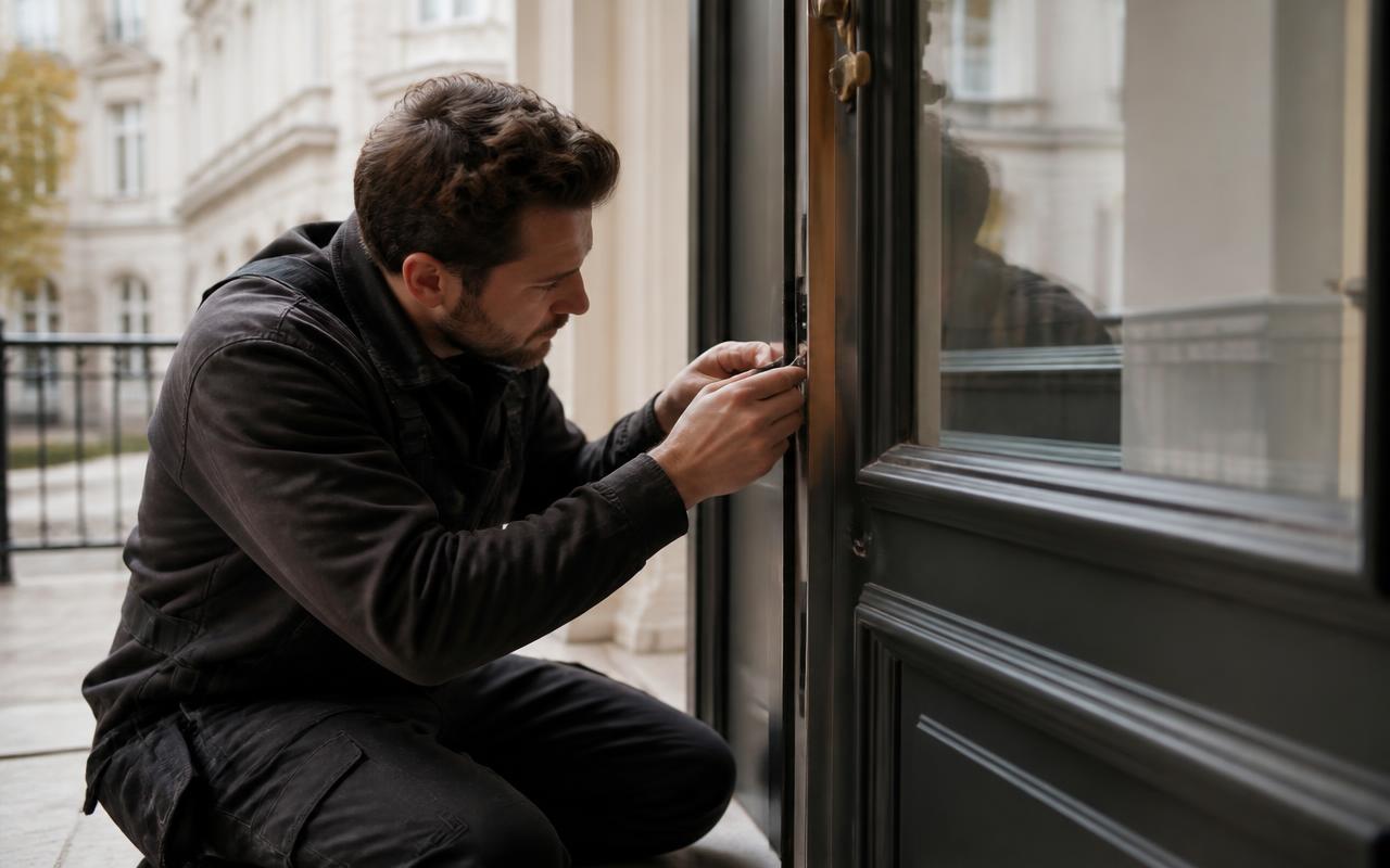 Servicemitarbeiter bei einer kleineren Reparatur an einer modernen Immobilie